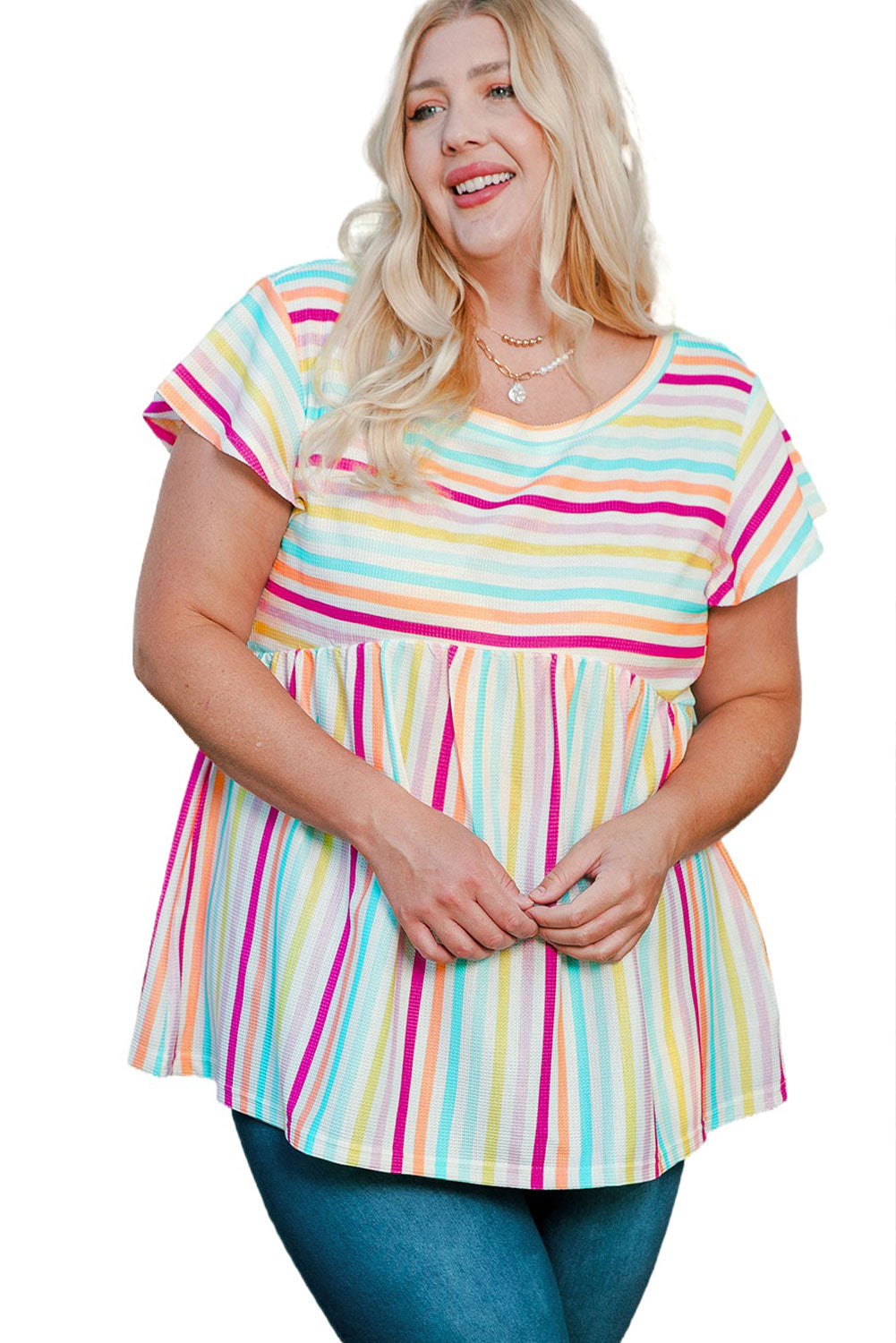 The multicolored, contrasting stripes make this Curvy top super stylish - and the ruffle sleeves will keep you looking sweet from am to pm. The babydoll-style looks great and flatters everyone! Stretchy material provides tons of comfy goodness, making this plus-size babydoll perfect for pairing with your favorite leggings. 95% Polyester, 5% Elastane.