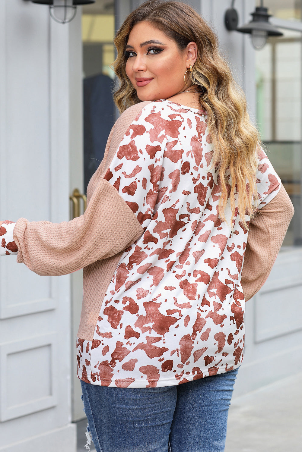 Pink Cow Spots Colorblock Long Sleeve Plus Size Top