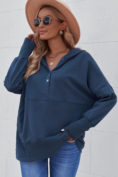 Turquoise Batwing Sleeve Pocketed Henley Hoodie