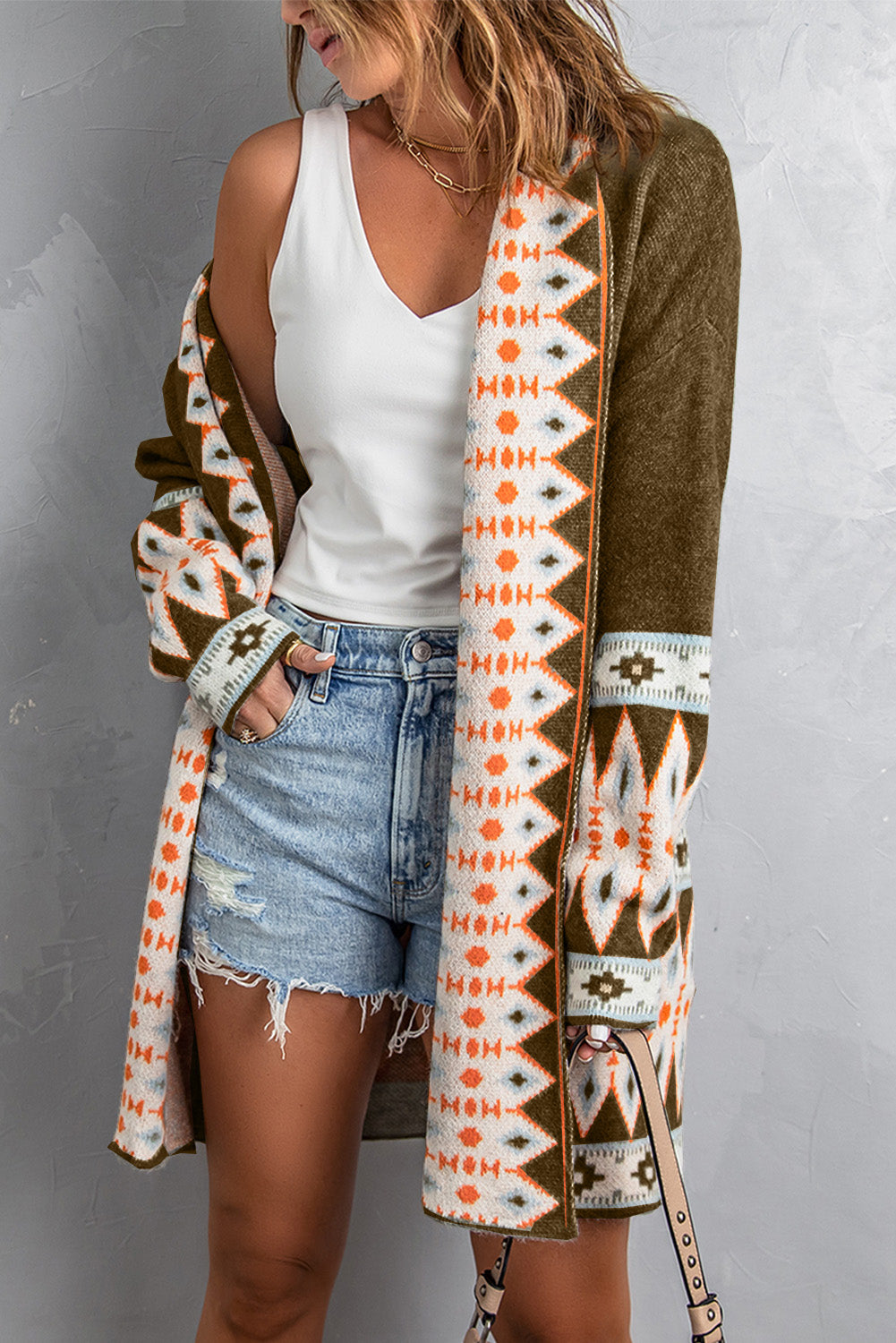 Green Aztec Print Open Front Knitted Cardigan