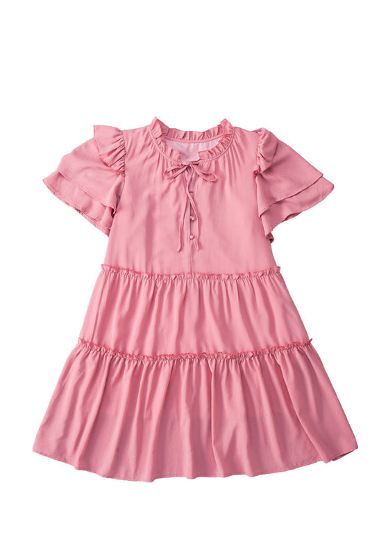 Pink V Neck Layered Ruffled Sleeves Mini Dress