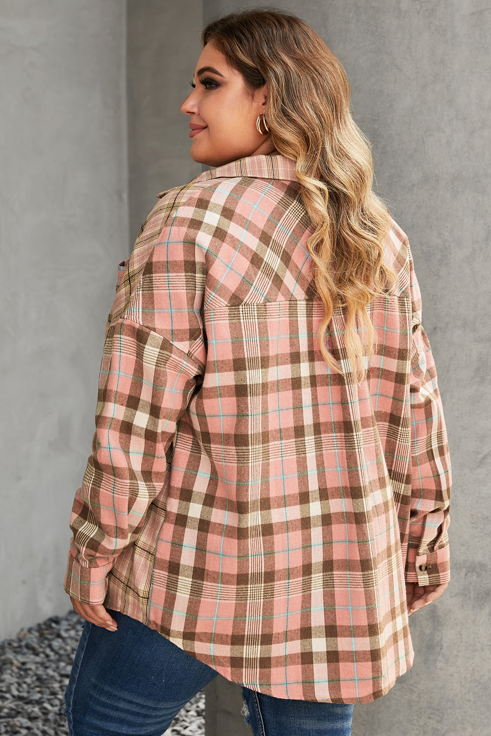 Orange Drop Shoulder Rounded Hem Plaid Pattern Shirt