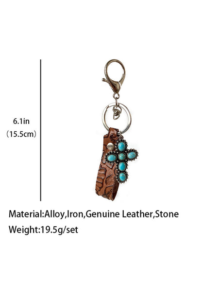 Brown Vintage Embossed Turquoise Leather Key Chain