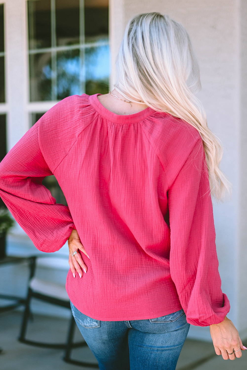 Rose Crinkle Split Neck Puff Sleeve Blouse