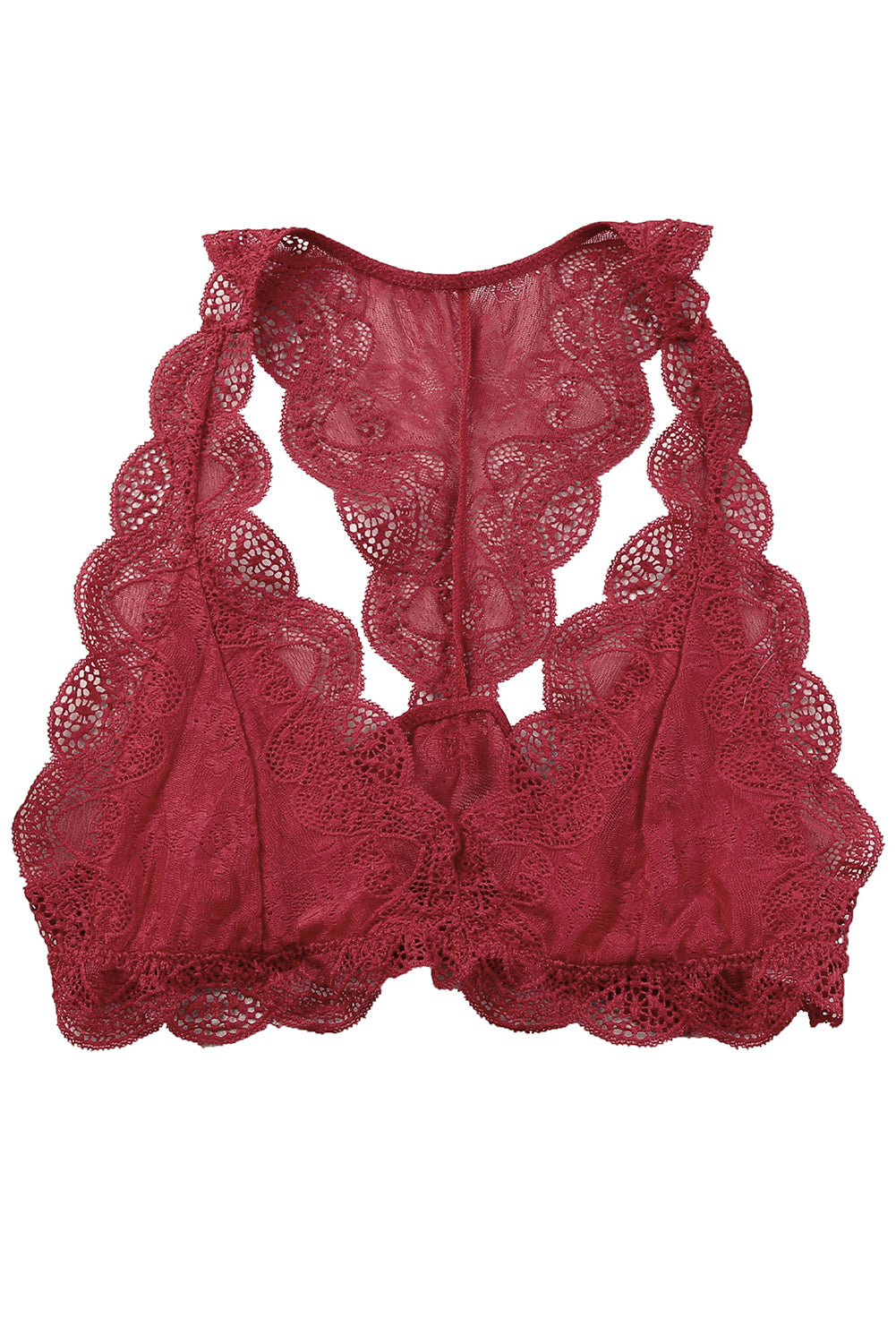 Bralette de encaje con escote en V festoneado y halter rojo 