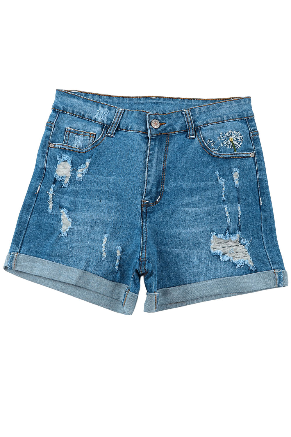 Shorts vaqueros rotos con bordado de diente de león en azul cielo