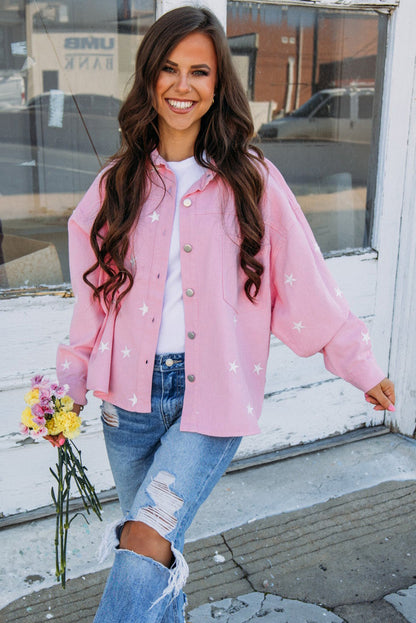 Pink Star Print Button Denim Jacket