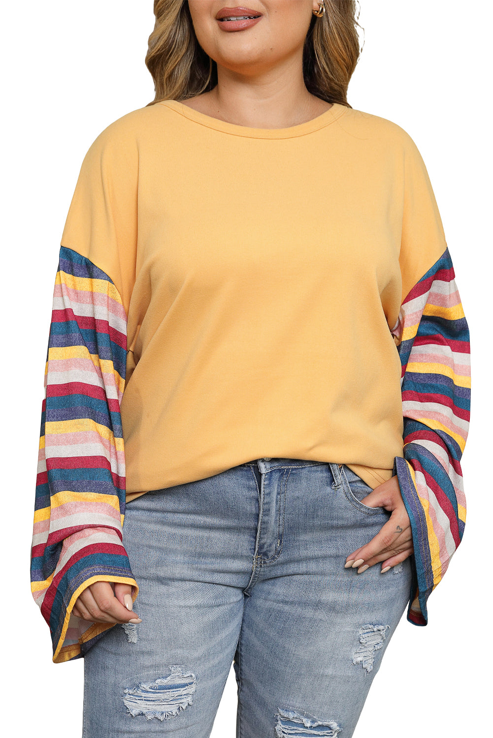 Blusa de talla grande con mangas acampanadas y rayas de sarape amarillo