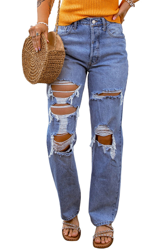 Distressed details with big holes deliver a cutting-edge look, crafted from durable denim for a contempo combo of style and comfort. Wear 'em with a variety of tops and shoes for a fabulously versatile vibe – spiffy for some occasions, sassy for others. Fabric: 93% Cotton, 5% Polyester, 2% Elastane.