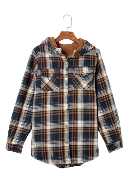 Gray Plaid Pattern Sherpa Lined Hooded Shacket