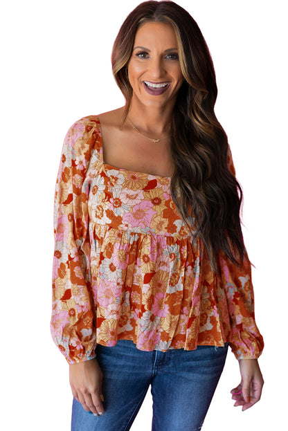 Blusa babydoll con escote cuadrado y mangas abullonadas con estampado floral naranja