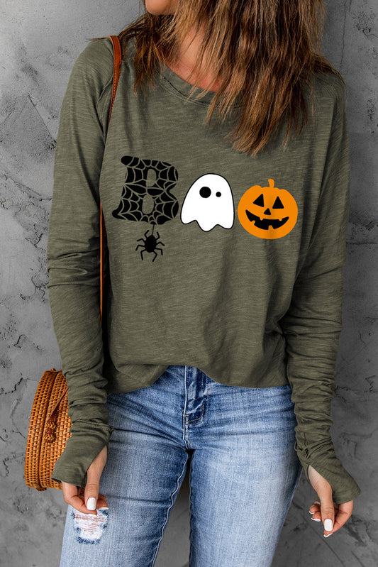 Camiseta gráfica de manga larga con estampado de Halloween BOO verde