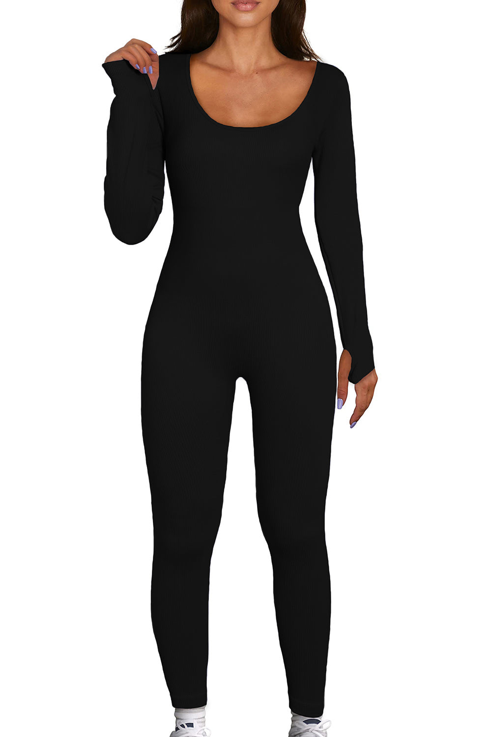 Blue Scoop Neck Long Sleeve Seamless Yoga Jumpsuit