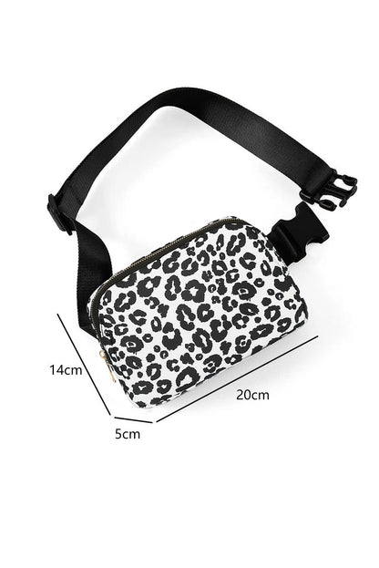 Bolso de lona con hebilla y estampado de leopardo negro, 20 x 5 x 14 cm