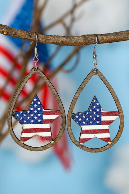 Pendientes colgantes de madera ahuecados con forma de corazón y bandera estadounidense roja