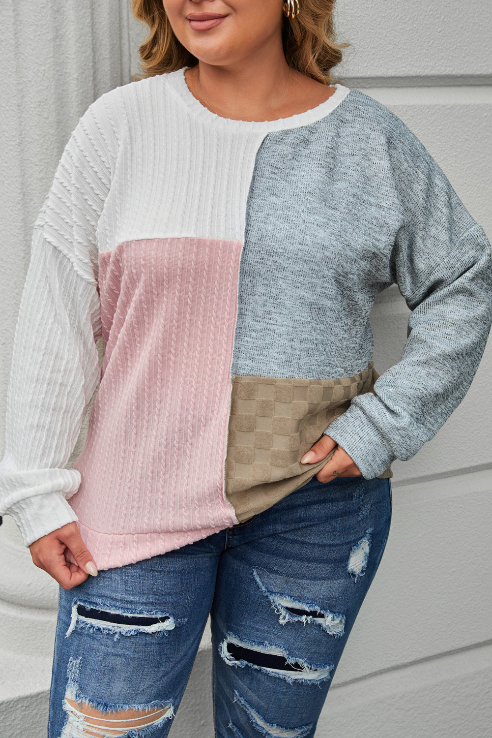 Multicolor Cable Knit Colorblock Long Sleeve Plus Size Top