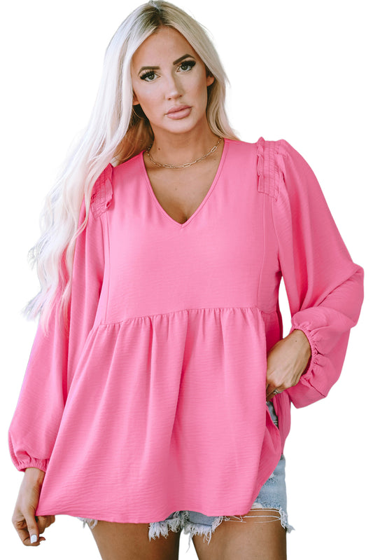 Pink Frilled V Neck Puff Sleeve Babydoll Blouse