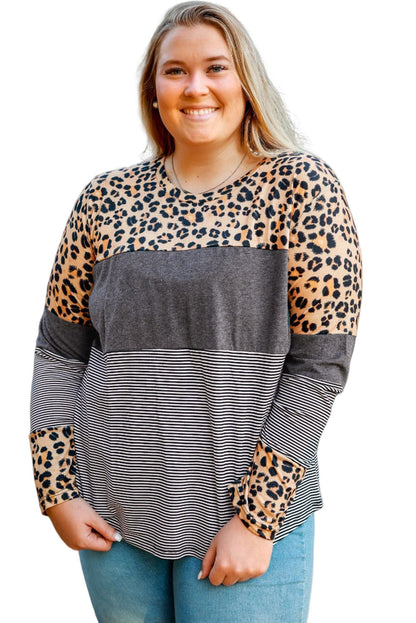 Camiseta de manga larga con parches de rayas de leopardo y vaca en talla grande 