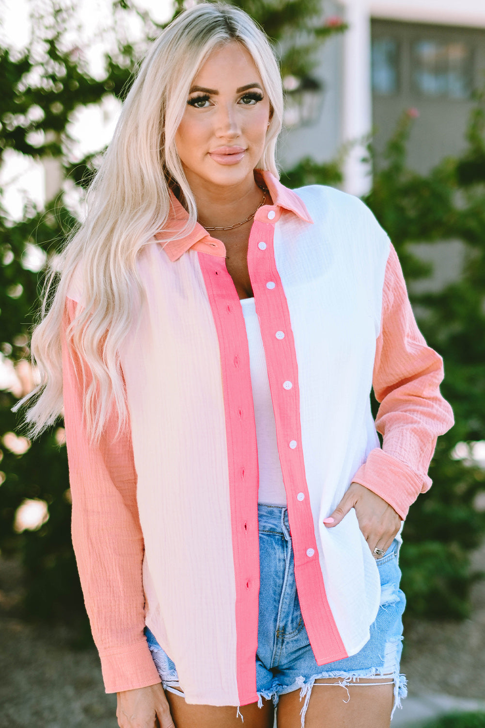 Pink Color Block Patchwork Crinkle Long Sleeve Shirt