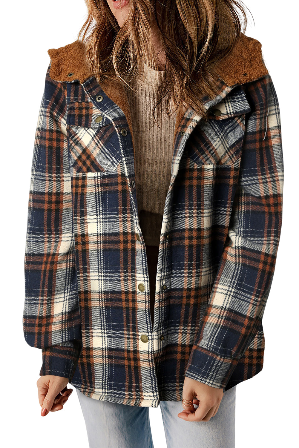 Gray Plaid Pattern Sherpa Lined Hooded Shacket