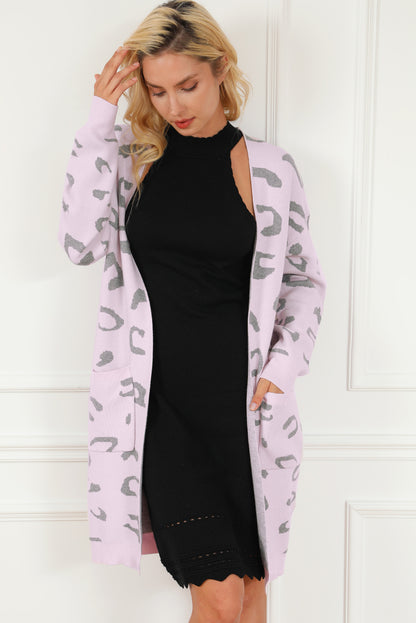 Pink Leopard Pocketed Open Front Long Cardigan