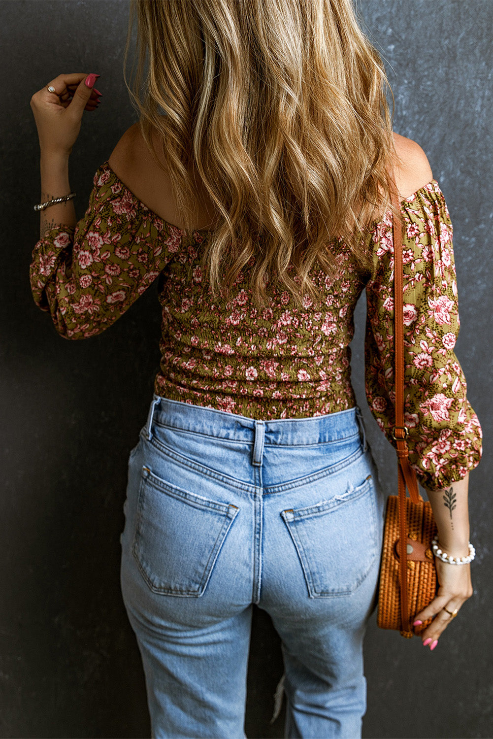 Green Floral Print Shirred 3/4 Sleeve Off Shoulder Blouse