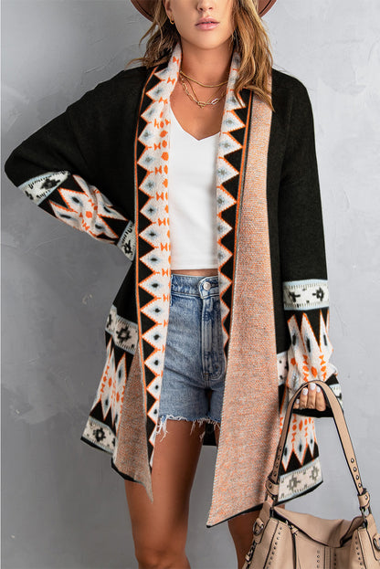 Green Aztec Print Open Front Knitted Cardigan