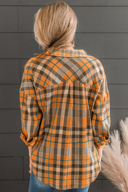 Orange Drop Shoulder Rounded Hem Plaid Pattern Shirt