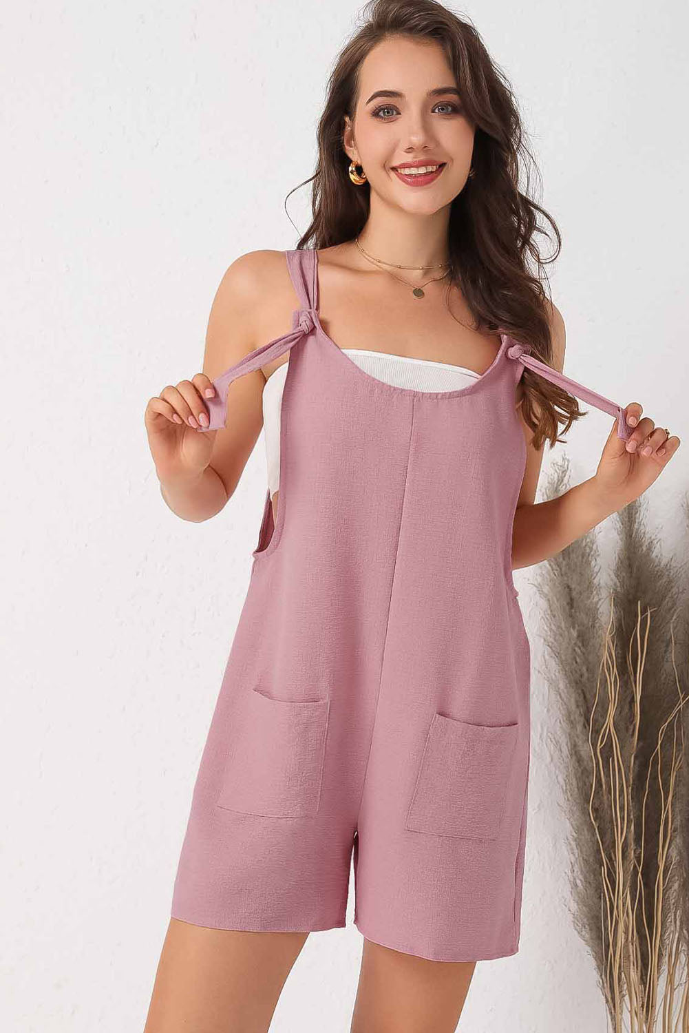 Multicolor Rose Adjustable Straps Pocketed Textured Romper