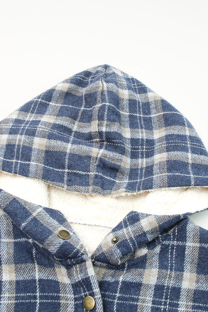 Gray Plaid Pattern Sherpa Lined Hooded Shacket