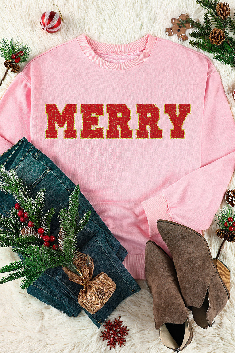 Pink MERRY Graphic Pullover Sweatshirt