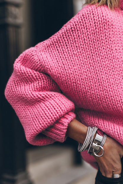 Rose Red Chunky Knit Turtle Neck Drop Shoulder Sweater