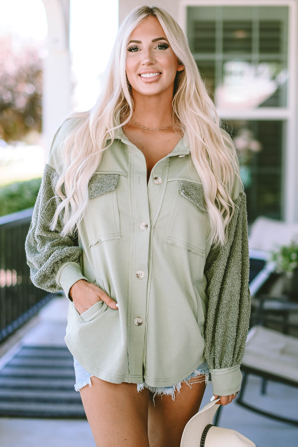 Green Exposed Seam Elbow Patch Oversized Shacket