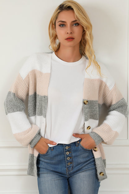 Stripe Color Block Button Front Fuzzy Knit Cardigan