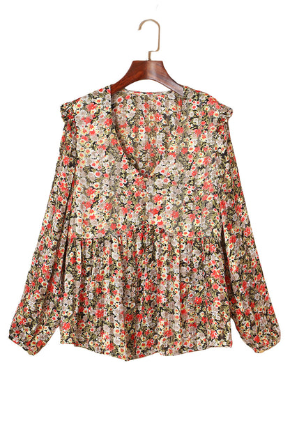 Blusa babydoll con volantes, cuello en V y estampado floral color caqui