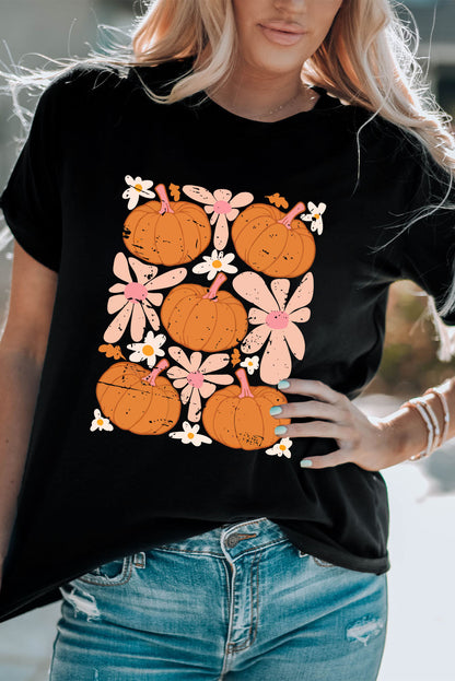 Black Halloween Sunflower Pumpkin Graphic Tee