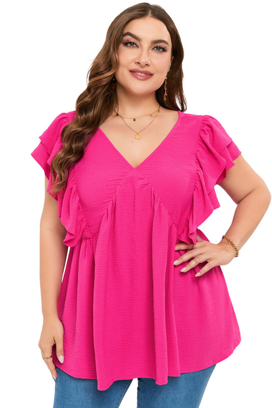 Blusa con escote en V y volantes arrugados de color rosa