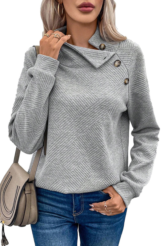 Sudadera texturizada de cuello alto con detalle de botones asimétricos en gris 