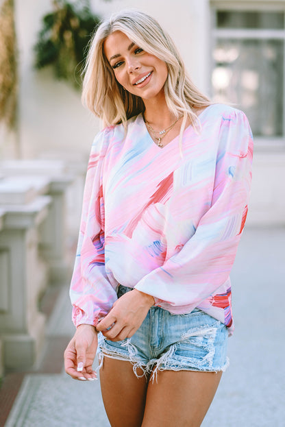 Pink Abstract Print Balloon Sleeve V-Neck Blouse