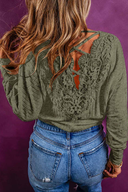 Top de crochet con espalda abierta, cordones y canalé en color avena 