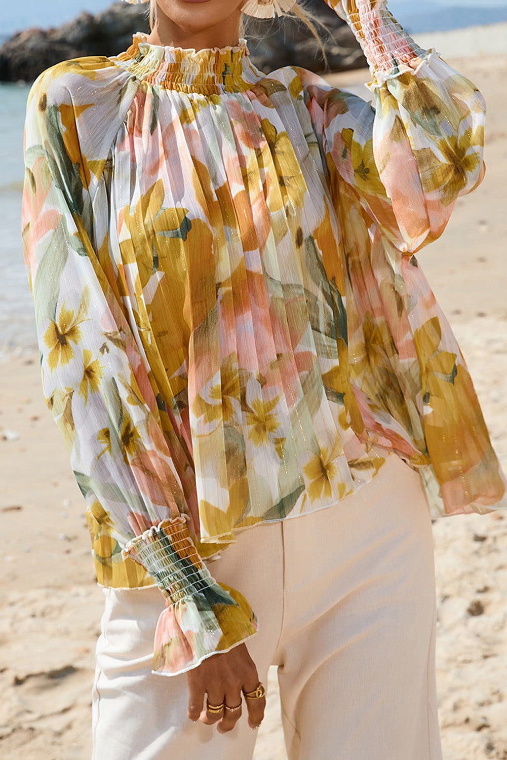 Yellow Floral Print Flounce Sleeve Mock Neck Blouse