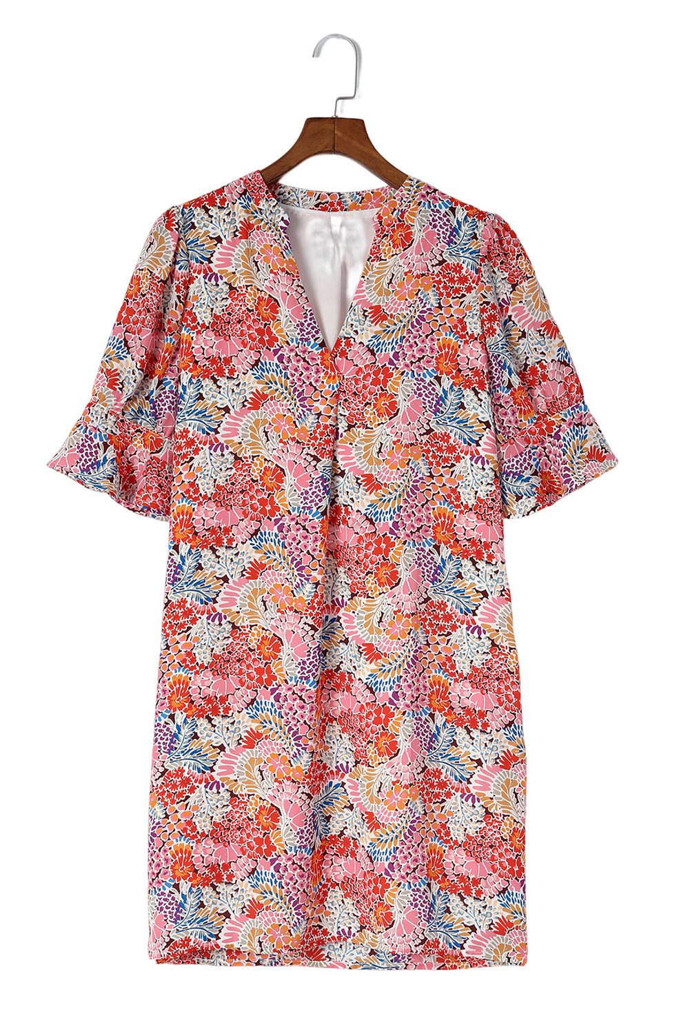 Pink Ruffled Sleeves Abstract Print Shift Dress