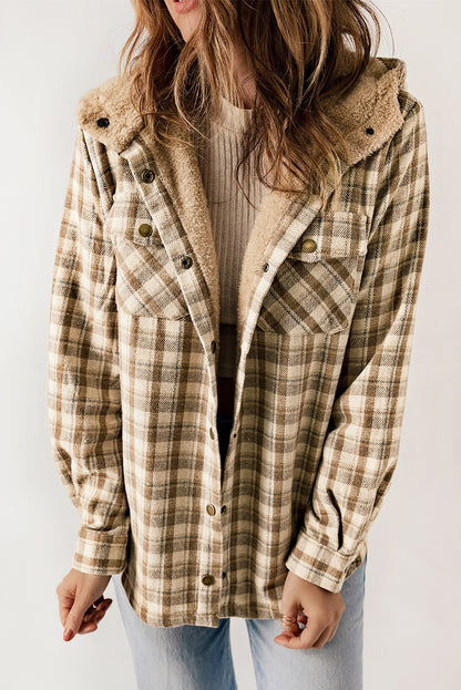 Gray Plaid Pattern Sherpa Lined Hooded Shacket