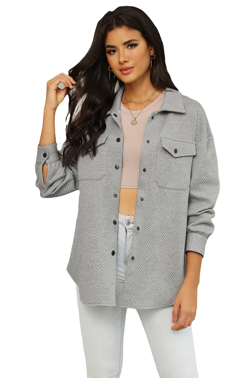 Solid Textured Flap Pocket Buttoned Shacket