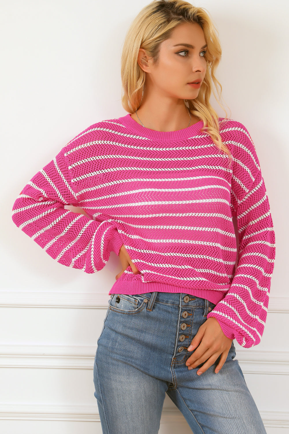 Rose Drop Shoulder Contrasting Striped Sweater