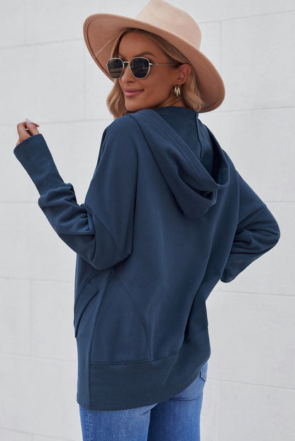 Turquoise Batwing Sleeve Pocketed Henley Hoodie