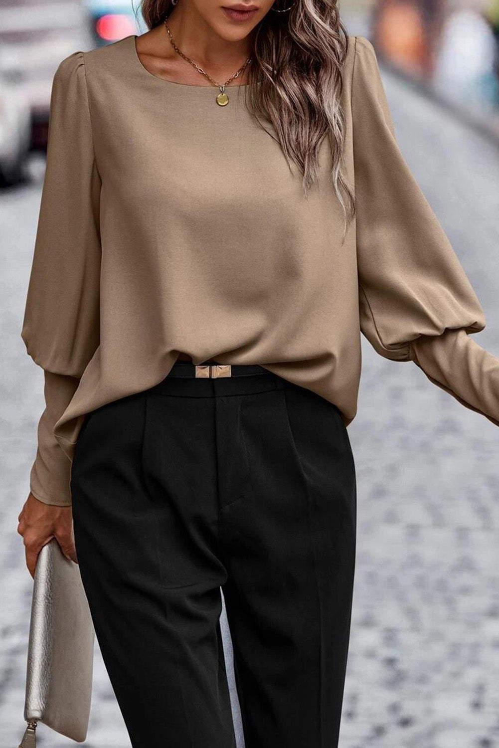 Brown Plain Button Back Cuffed Puff Sleeve Blouse