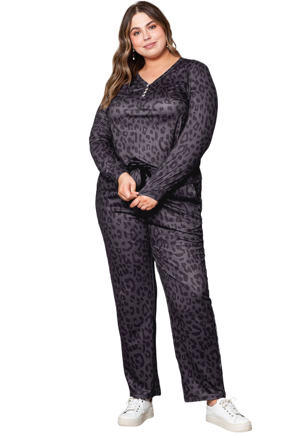 Leopard Long Sleeve Henley Top Pajamas Set