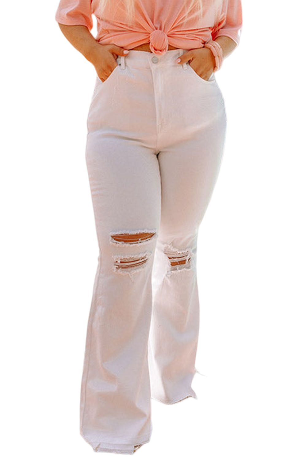 The flattering high waist design elongates your legs, rip details give an edgy twist, flare legs harken to yesteryear, and the raw hem adds a touch of tough - all while 95% cotton and 5% elastane keep you comfy and durable. Step out in white!