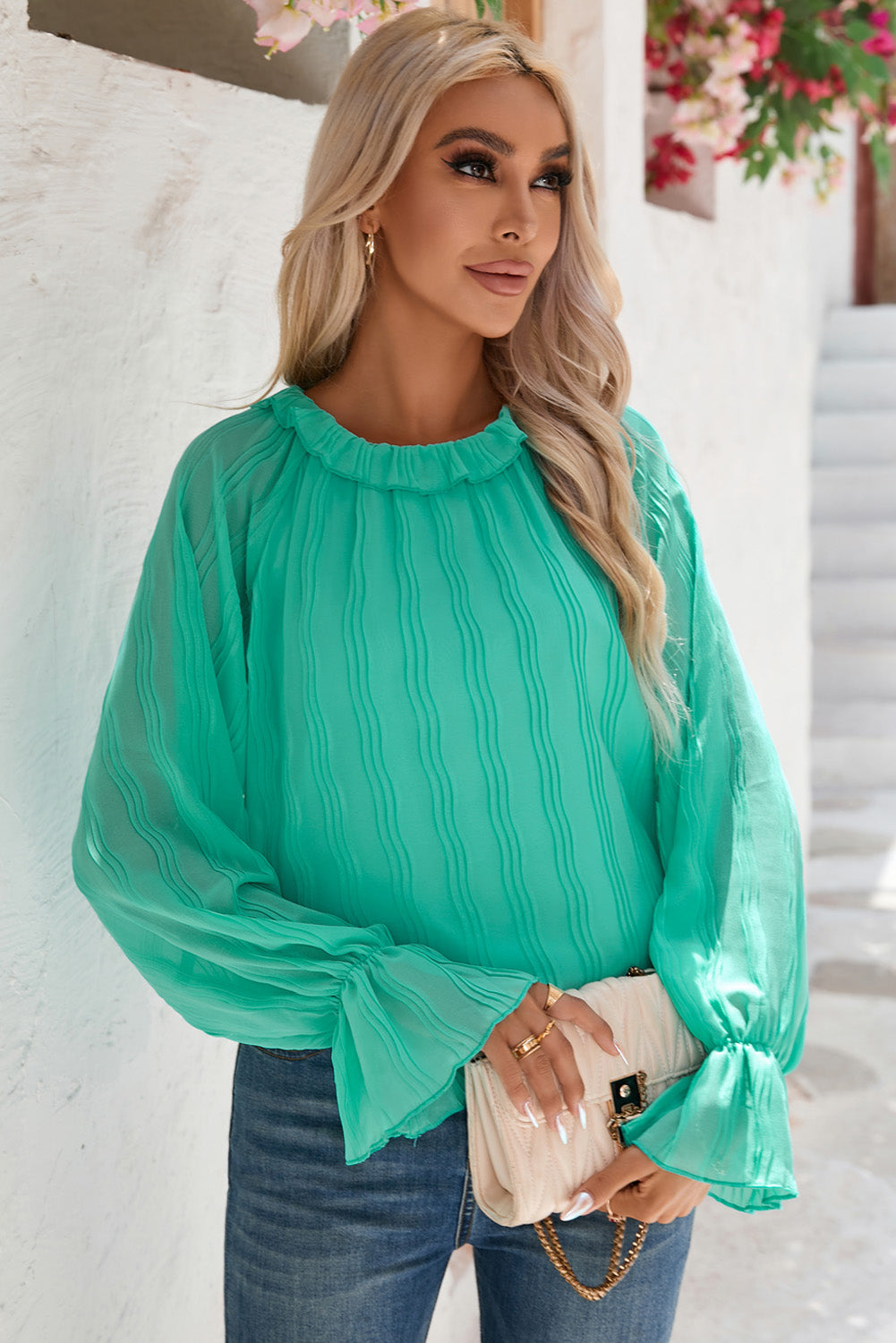 Pink Striking Pleated Flared Cuff Long Sleeve Blouse